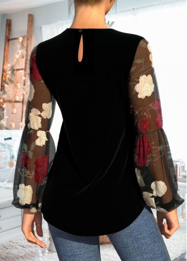 Black tops,Plain Color tops,ROTITA Valentines Embellished Neck Black Velvet Stitching T Shirt