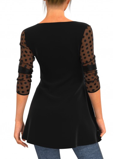 Black tops,Dot tops,ROTITA Valentines Black Polka Dot Mesh Stitching T Shirt