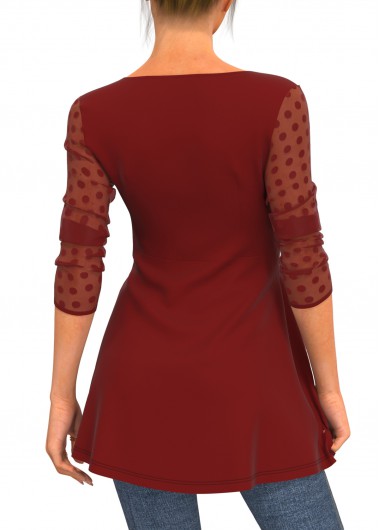 Wine Red tops,Dot tops,ROTITA Valentines Mesh Stitching Polka Dot Wine Red T Shirt
