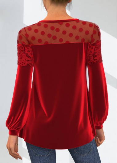 Red tops,Plain Color tops,ROTITA Lace Velvet Stitching Red Valentines Round Neck T Shirt