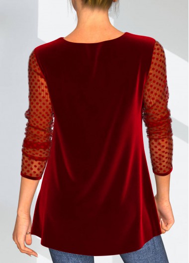 Red tops,Dot tops,ROTITA Red Velvet Stitching Valentines Polka Dot T Shirt
