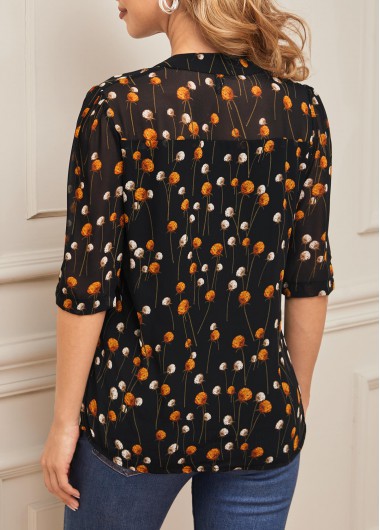 Black tops,Ditsy Floral tops,Floral Print Black Chiffon Split Neck Blouse