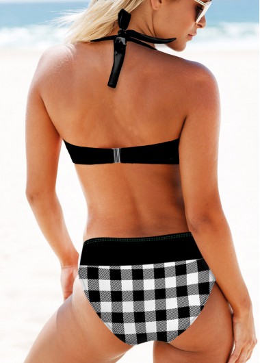 Black swimwear,Plaid swimwear,ROTITA Plaid Mid Waist Black Halter Bikini Set