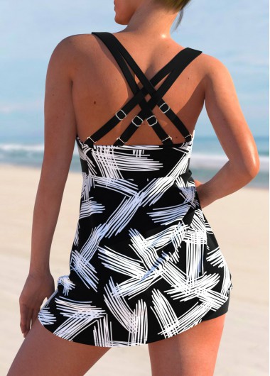 Black swimwear,Floral swimwear,ROTITA Printed Black Cross Strap Swimdress Top