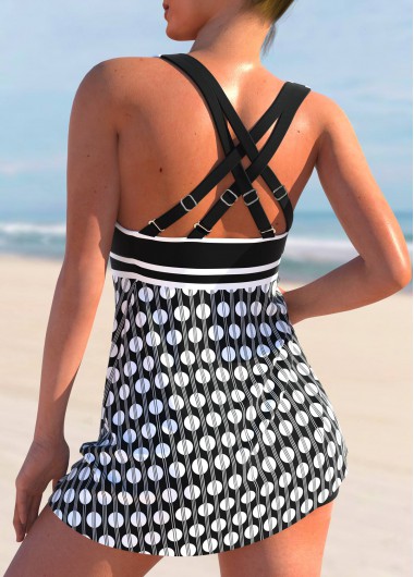 Black swimwear,Dot swimwear,ROTITA Criss Cross Black Polka Dot Tankini Top