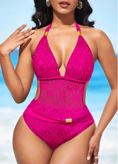 Hot Pink swimwear,Plain Color swimwear,ROTITA Lace Sheer Halter Rose Red One Piece Swimwear