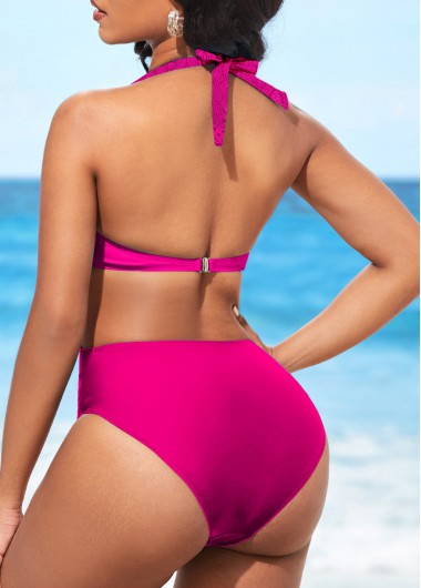 Hot Pink swimwear,Plain Color swimwear,ROTITA Lace Sheer Halter Rose Red One Piece Swimwear