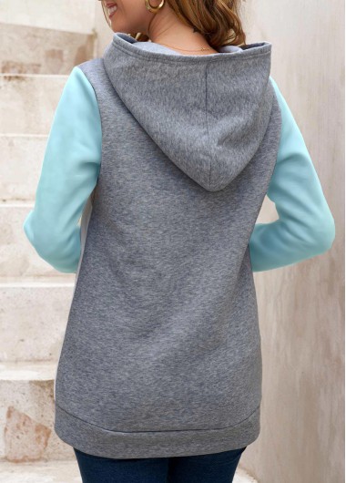 Contrast Color tops,ROTITA Decorative Button Light Blue Contrast Long Sleeve Hoodie