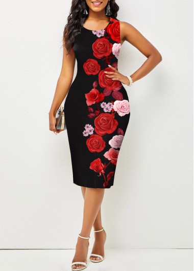 Multi Color dresses,Floral dresses,ROTITA Round Neck Valentines Rose Print Dress