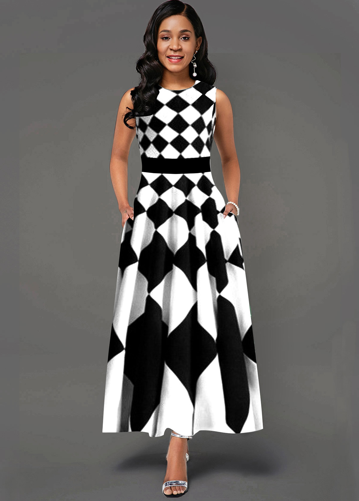 ROTITA Side Poclket Geometric Print Sleeveless Maxi Dress