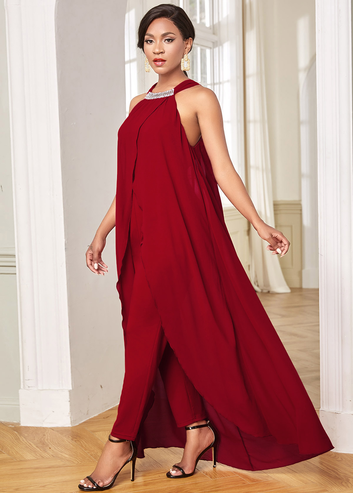 Red jumpsuits & rompers,Plain Color jumpsuits & rompers,ROTITA Chiffon Embellished Neck Overlay Sleeveless Jumpsuit