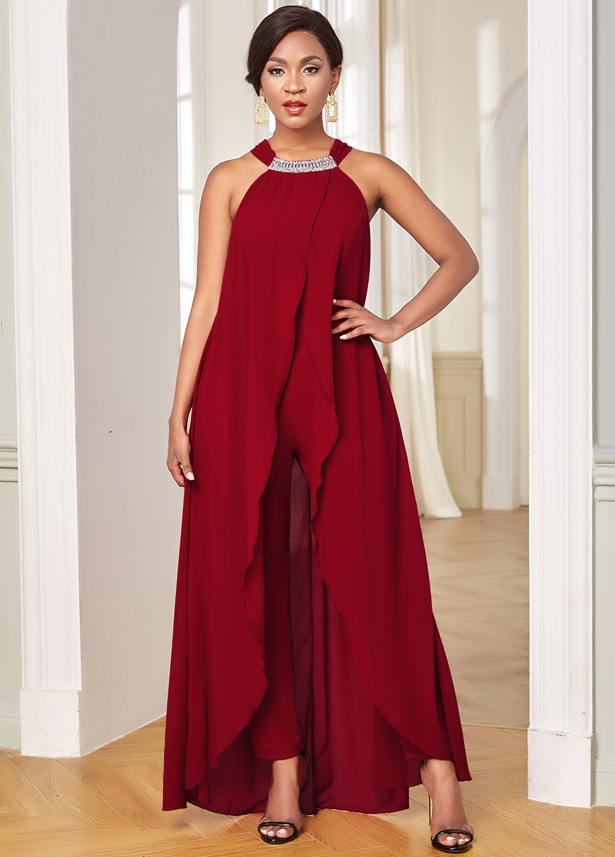Red jumpsuits & rompers,Plain Color jumpsuits & rompers,ROTITA Chiffon Embellished Neck Overlay Sleeveless Jumpsuit