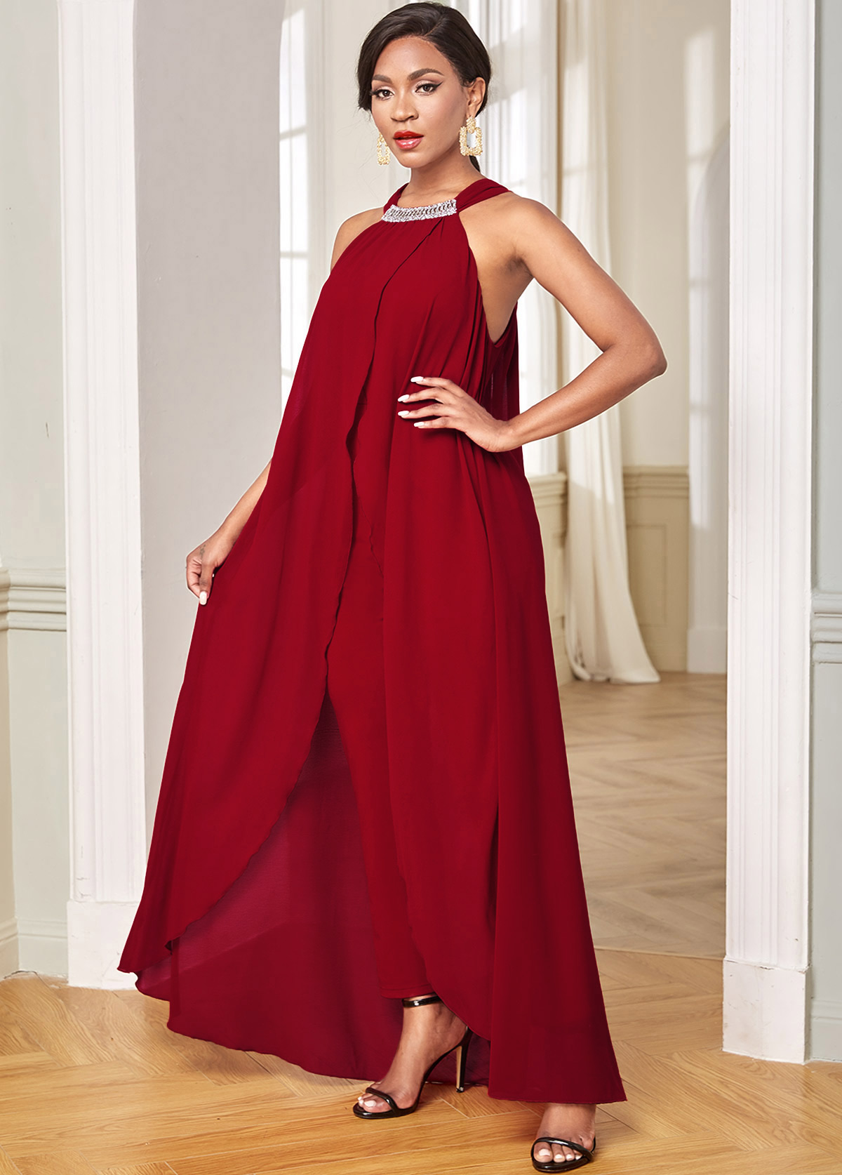 Red jumpsuits & rompers,Plain Color jumpsuits & rompers,ROTITA Chiffon Embellished Neck Overlay Sleeveless Jumpsuit