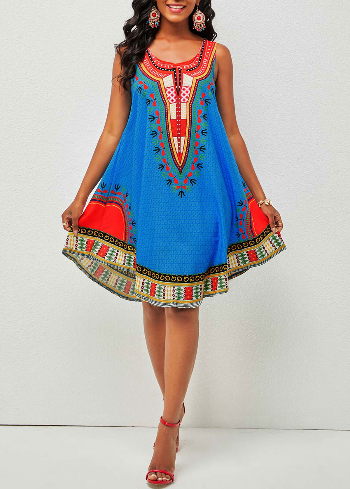 Blue dresses,Tribal dresses,Tribal Print Wide Strap Round Neck Dress