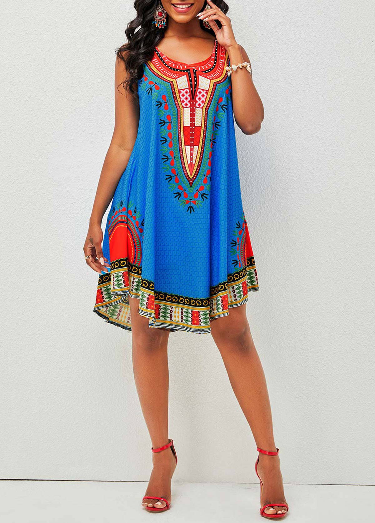 Blue dresses,Tribal dresses,Tribal Print Wide Strap Round Neck Dress