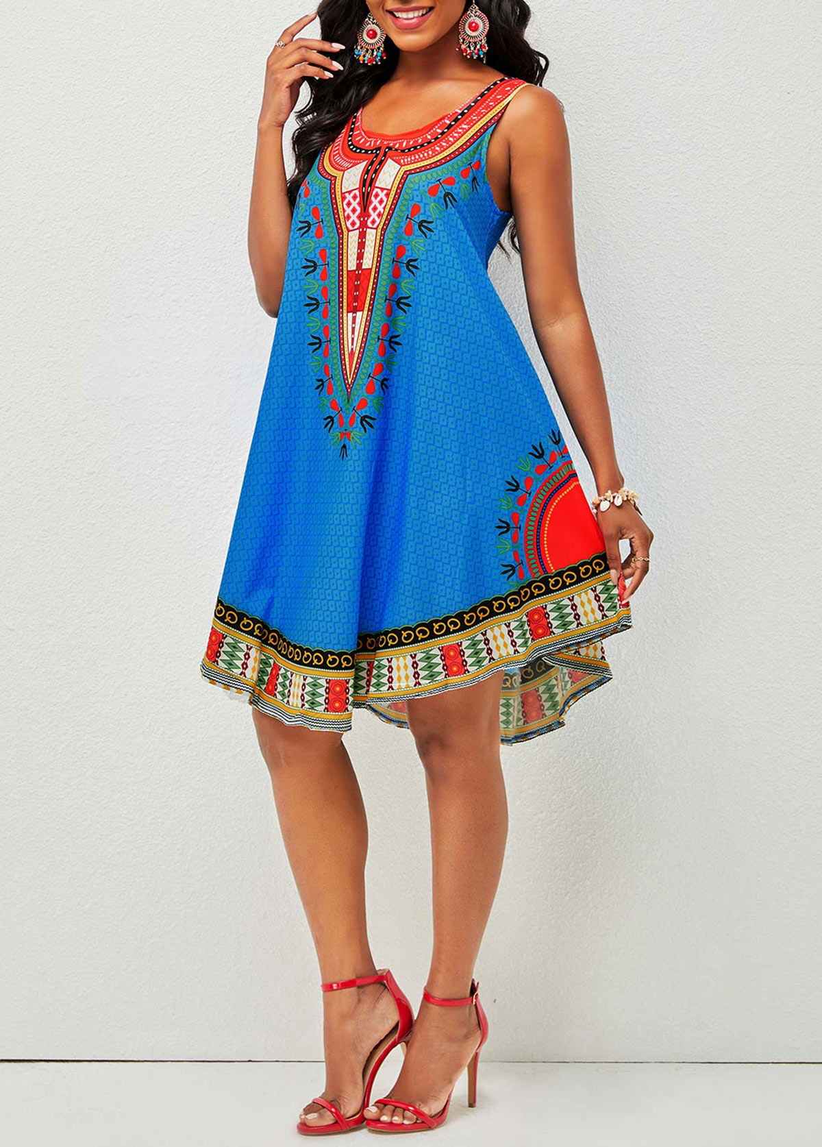 Blue dresses,Tribal dresses,Tribal Print Wide Strap Round Neck Dress