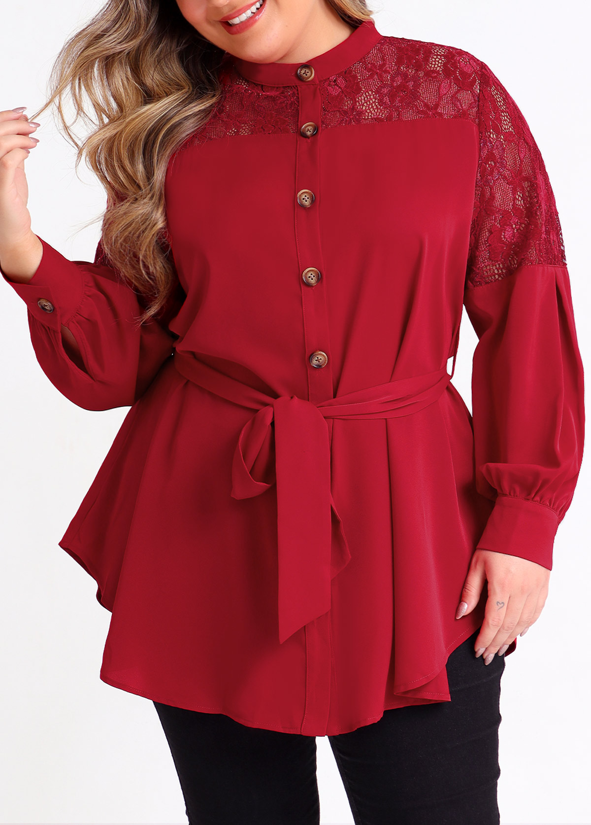 Wine Red plus size,Plain Color plus size,ROTITA Plus Size Wine Red Asymmetric Hem Blouse