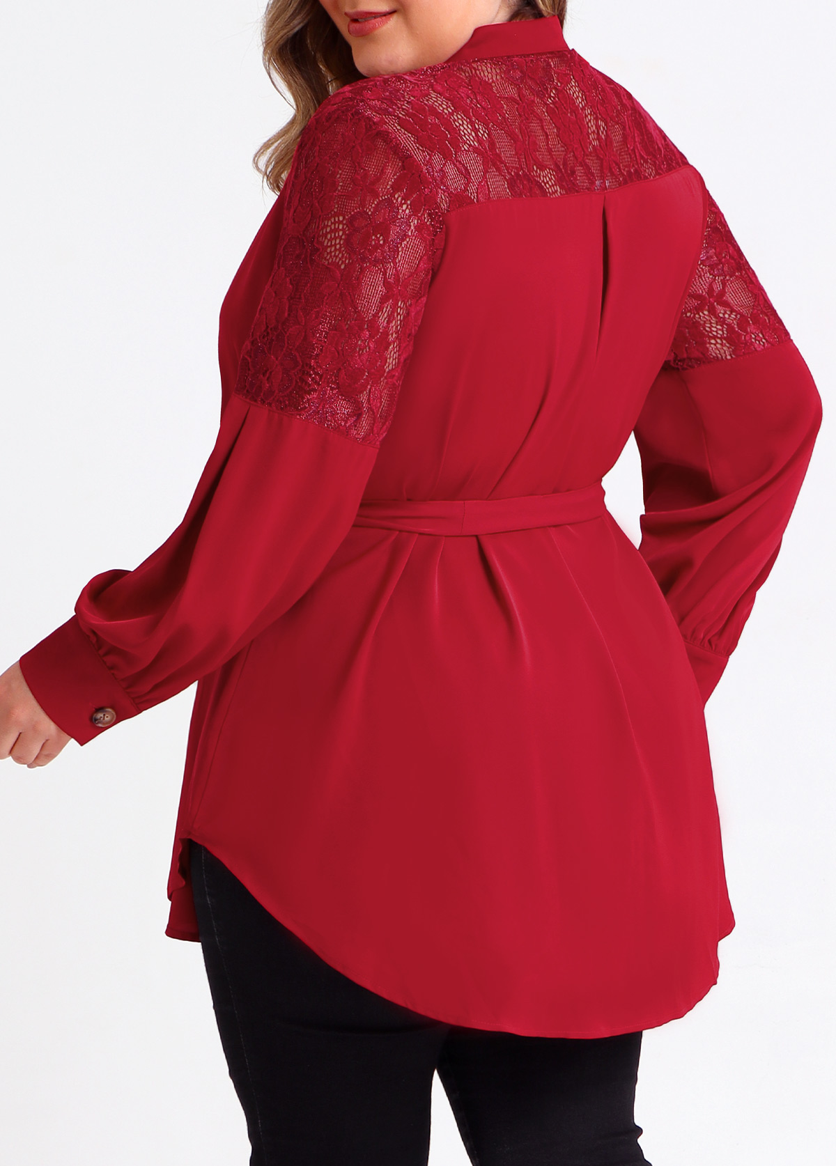 Wine Red plus size,Plain Color plus size,ROTITA Plus Size Wine Red Asymmetric Hem Blouse