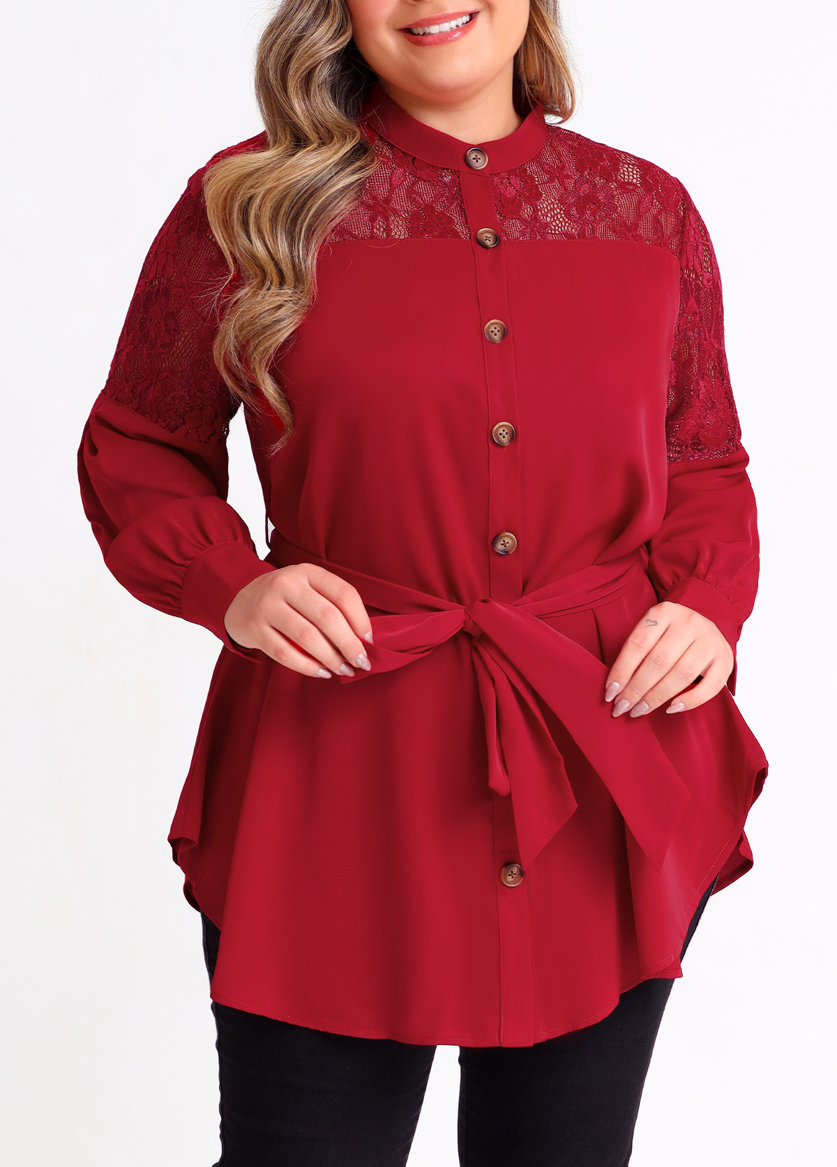Wine Red plus size,Plain Color plus size,ROTITA Plus Size Wine Red Asymmetric Hem Blouse