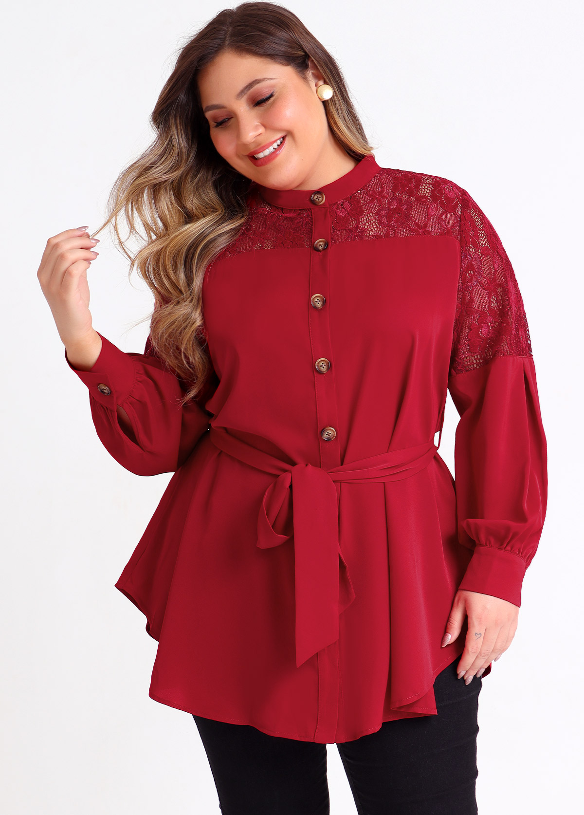Wine Red plus size,Plain Color plus size,ROTITA Plus Size Wine Red Asymmetric Hem Blouse
