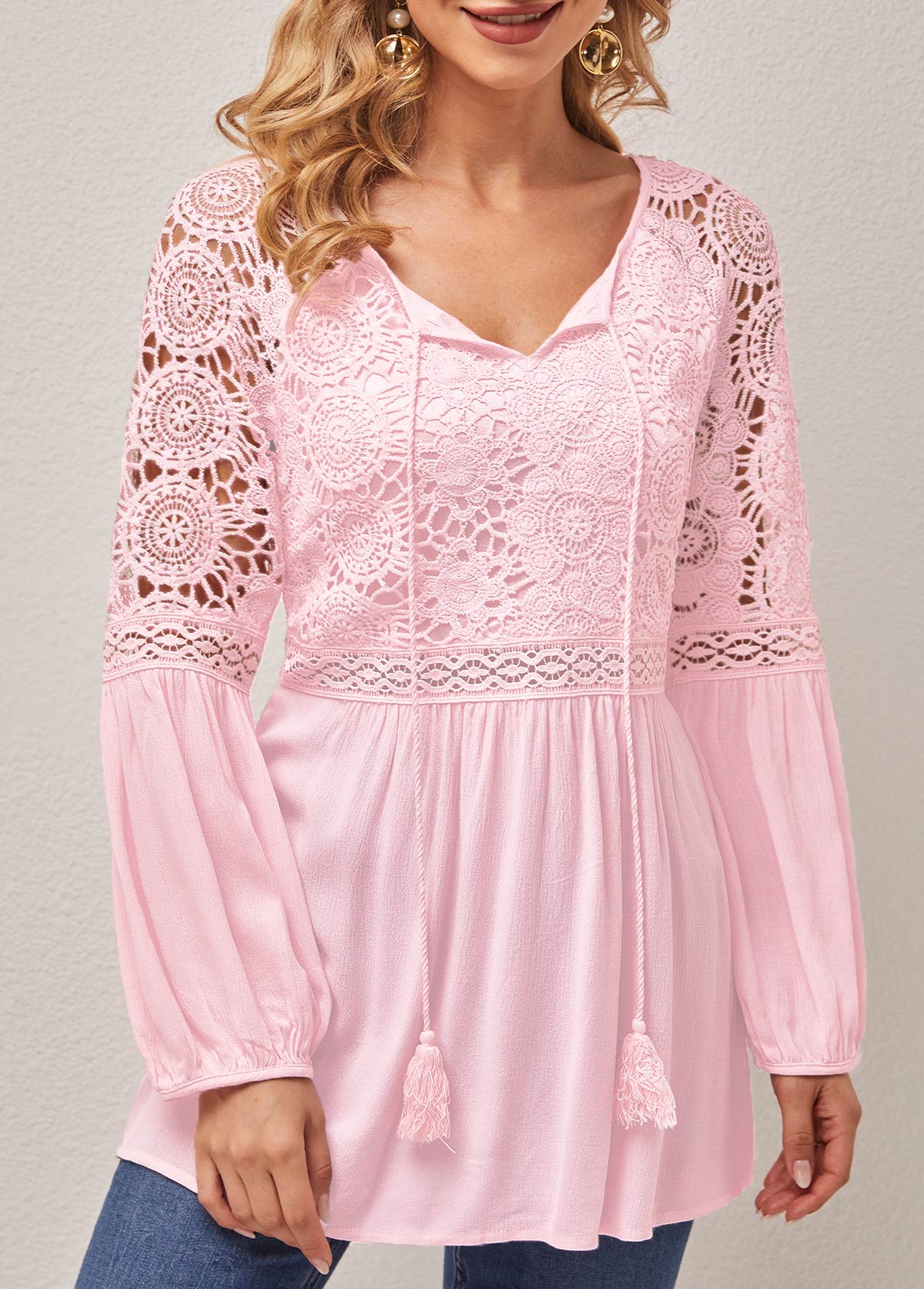 Pink tops,Plain Color tops,ROTITA Pink Lace Stitching Tassel Asymmetric Neck Blouse