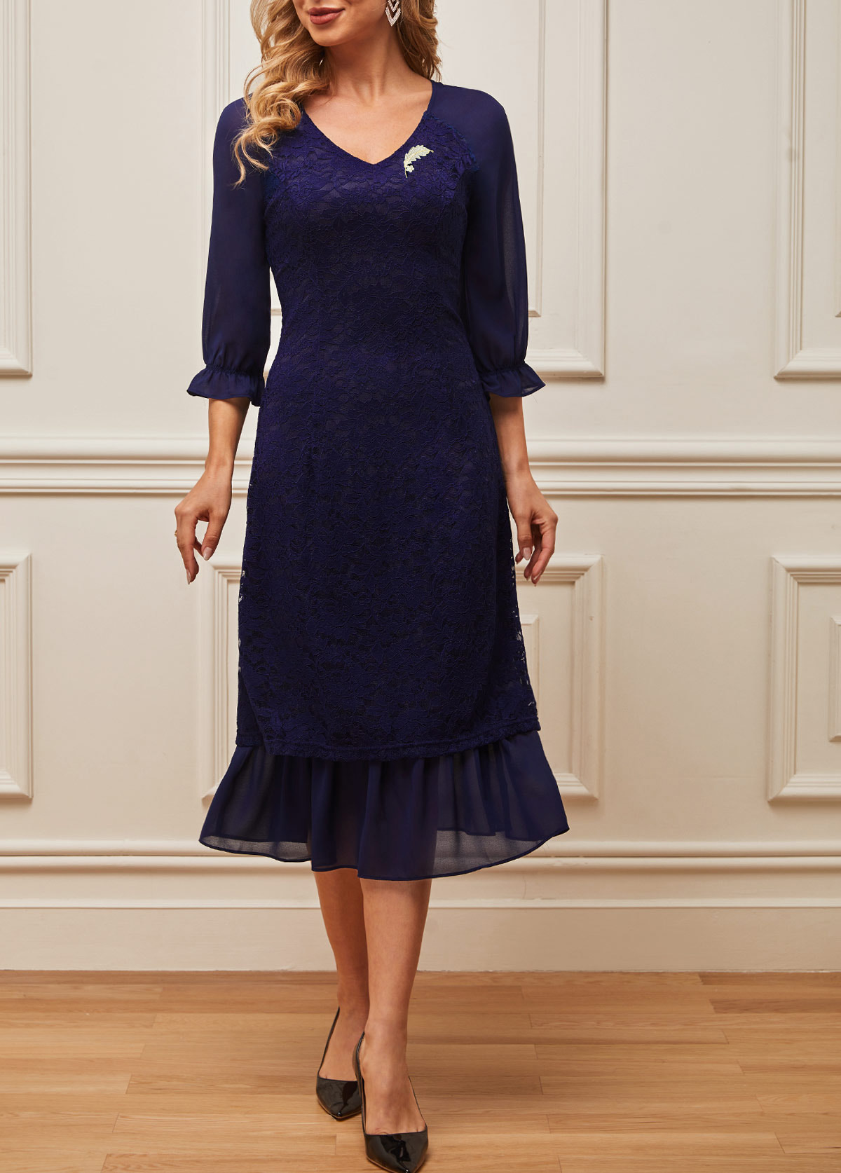 Navy dresses,Plain Color dresses,ROTITA Lace Patchwork Navy Blue V Neck Dress