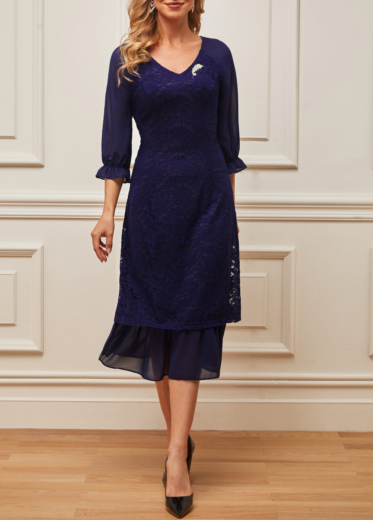 Navy dresses,Plain Color dresses,ROTITA Lace Patchwork Navy Blue V Neck Dress