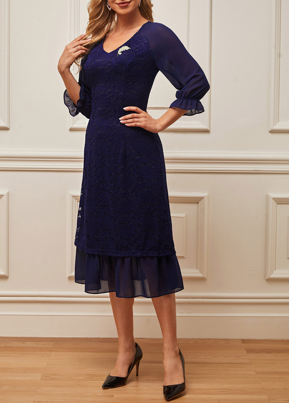 Navy dresses,Plain Color dresses,ROTITA Lace Patchwork Navy Blue V Neck Dress