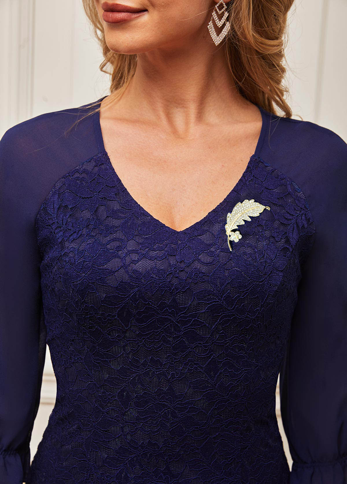 Navy dresses,Plain Color dresses,ROTITA Lace Patchwork Navy Blue V Neck Dress