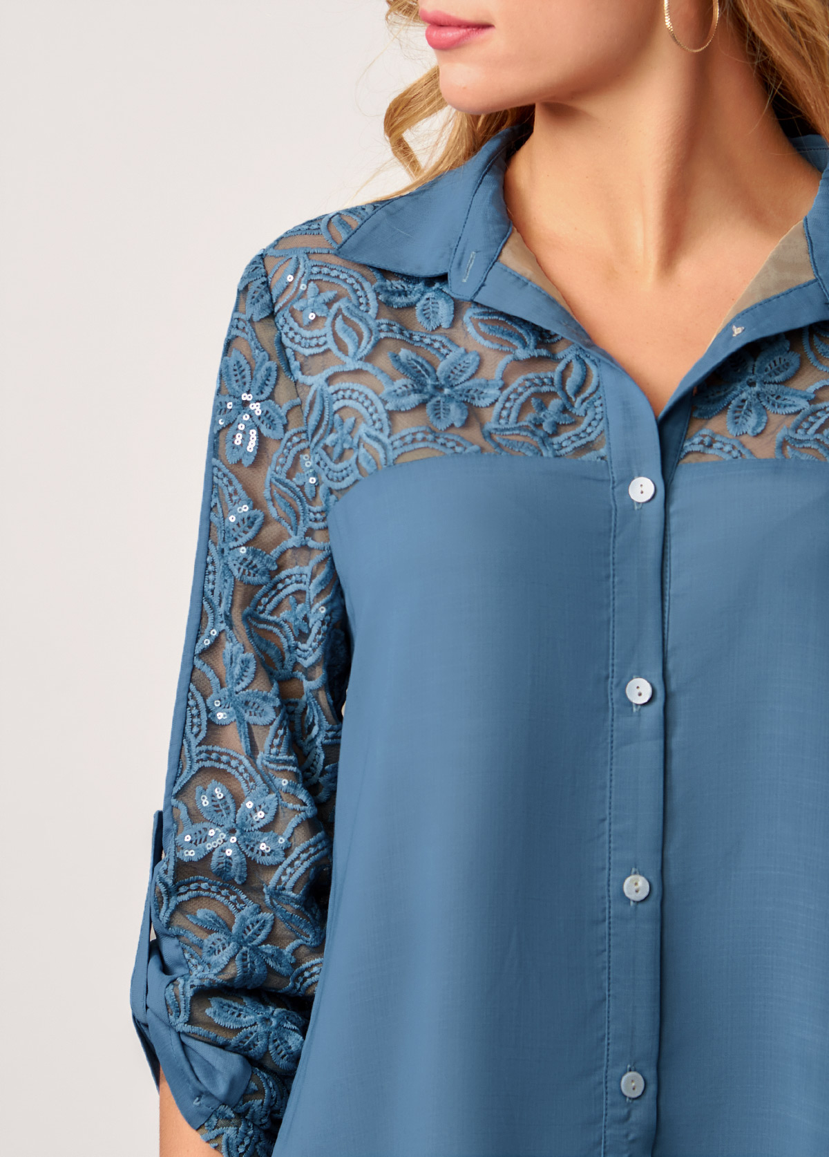 Denim Blue tops,Plain Color tops,ROTITA Embroidered Mesh Stitching Sequin Denim Blue Blouse