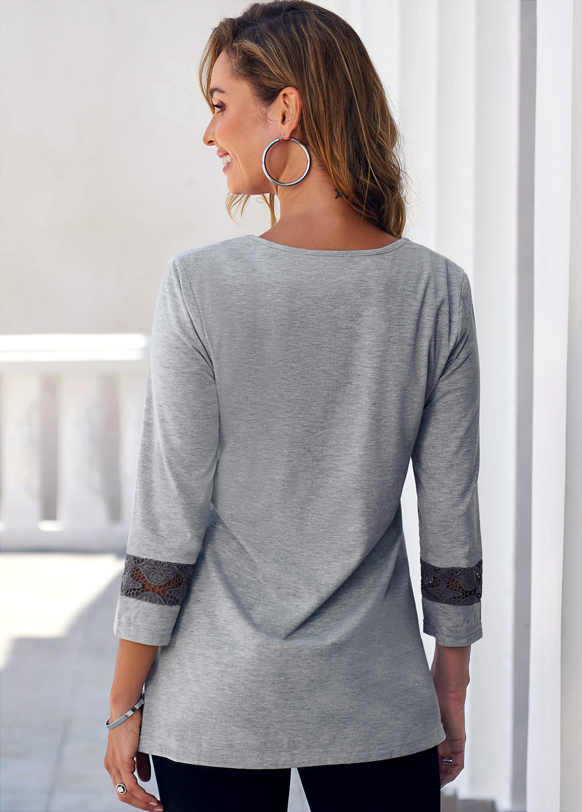 Grey tops,Contrast Color tops,ROTITA Lace Panel Tassel Grey 3/4 Sleeve Blouse