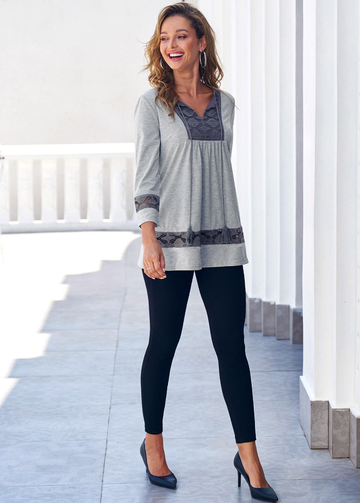 Grey tops,Contrast Color tops,ROTITA Lace Panel Tassel Grey 3/4 Sleeve Blouse
