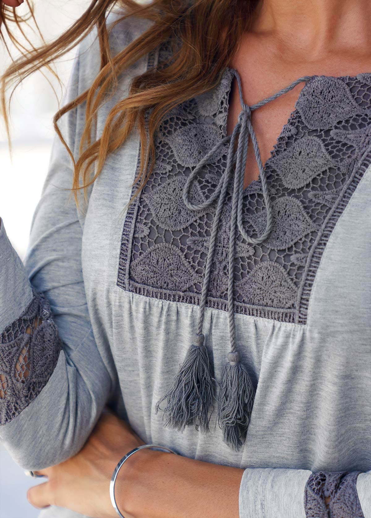 Grey tops,Contrast Color tops,ROTITA Lace Panel Tassel Grey 3/4 Sleeve Blouse