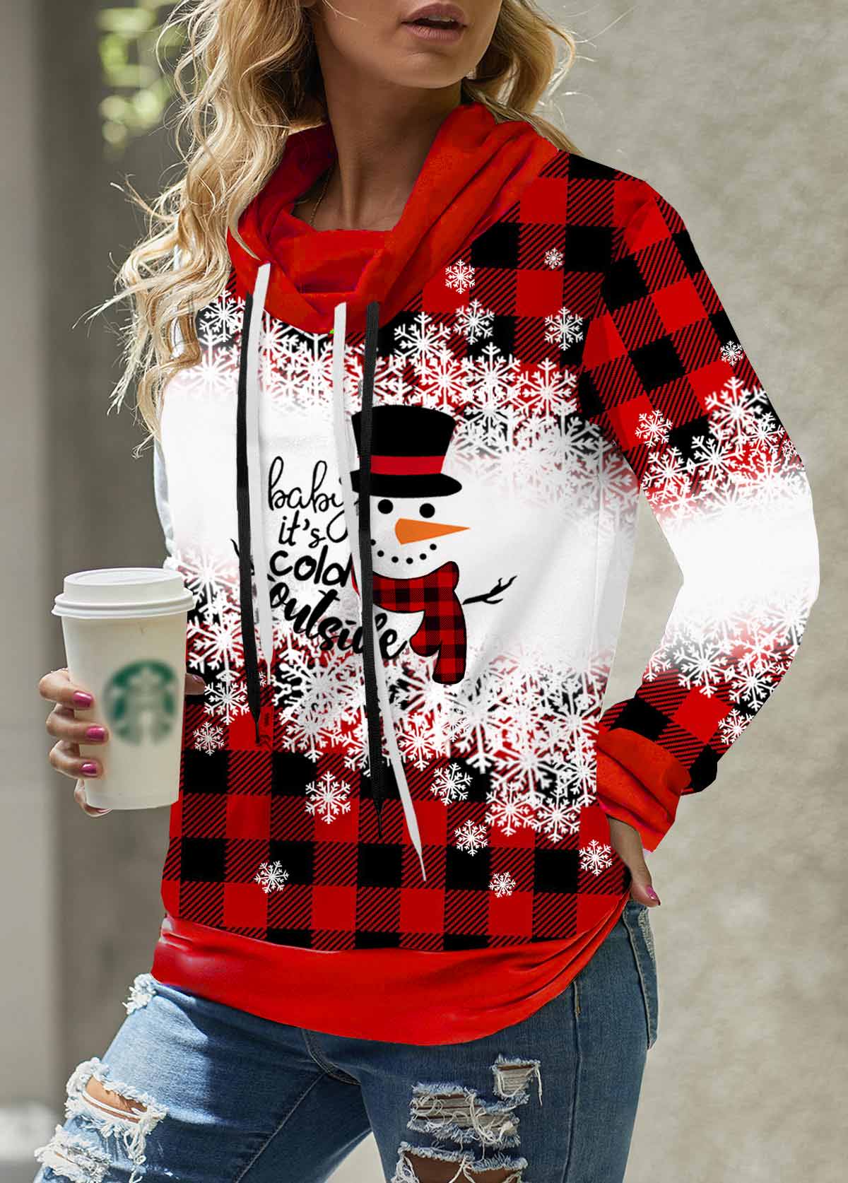 ROTITA Christmas Snowman Print Drawstring Red Sweatshirt