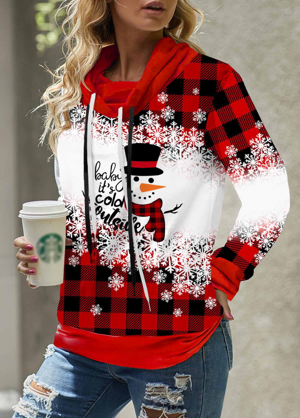 Red plus size,Christmas plus size,ROTITA Plus Size Drawstring Red Christmas Print Sweatshirt