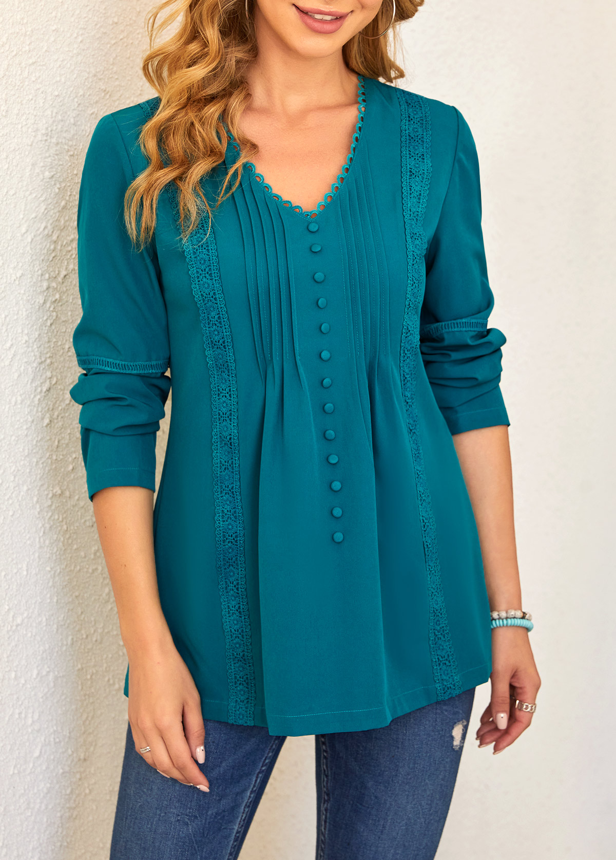 ROTITA Lace Stitching Crinkle Chest Peacock Blue Blouse