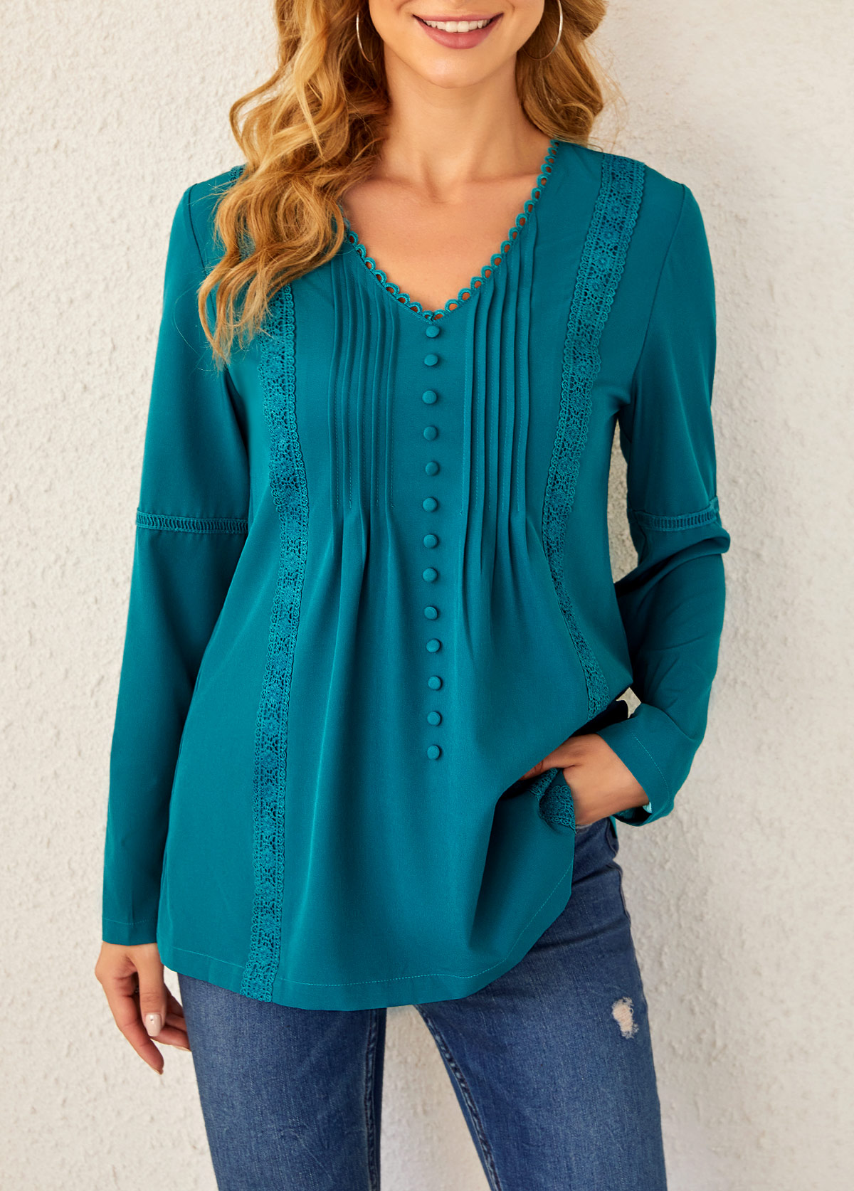 Peacock Blue tops,Plain Color tops,ROTITA Lace Stitching Crinkle Chest Peacock Blue Blouse