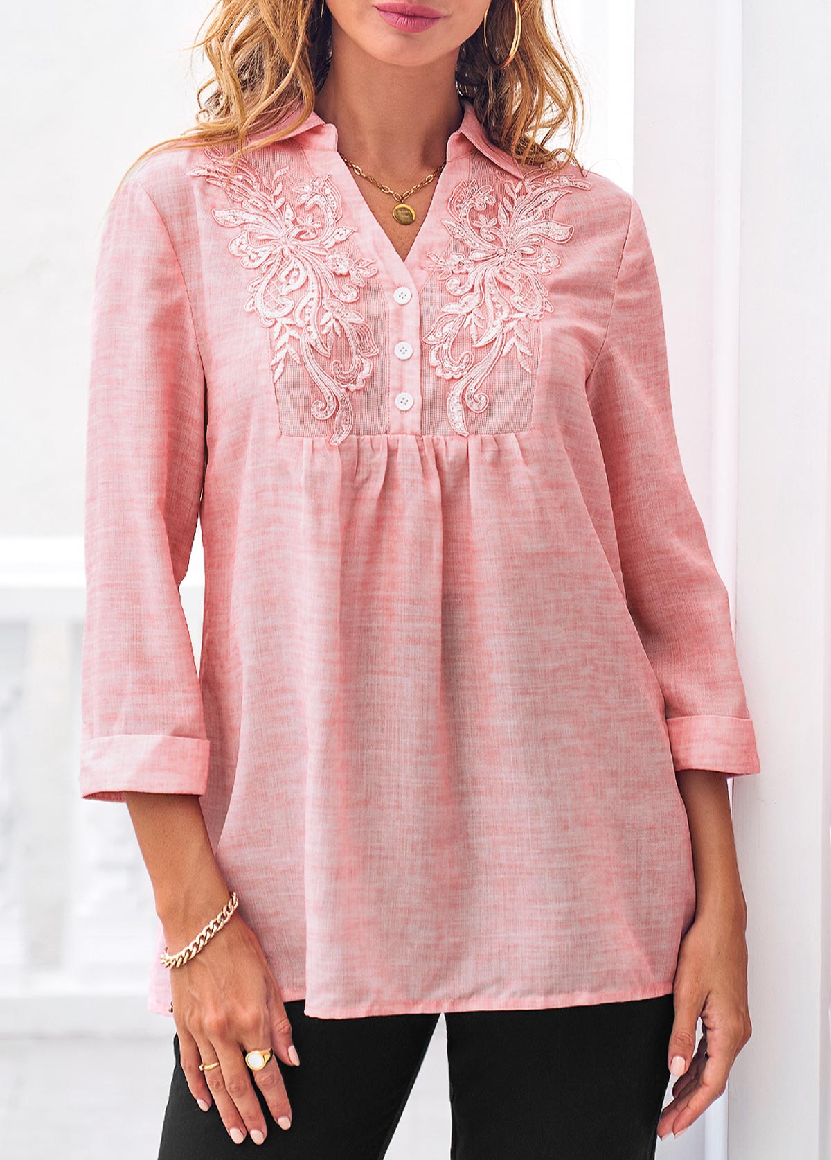 ROTITA Pink Lace Stitching 3/4 Sleeve Blouse