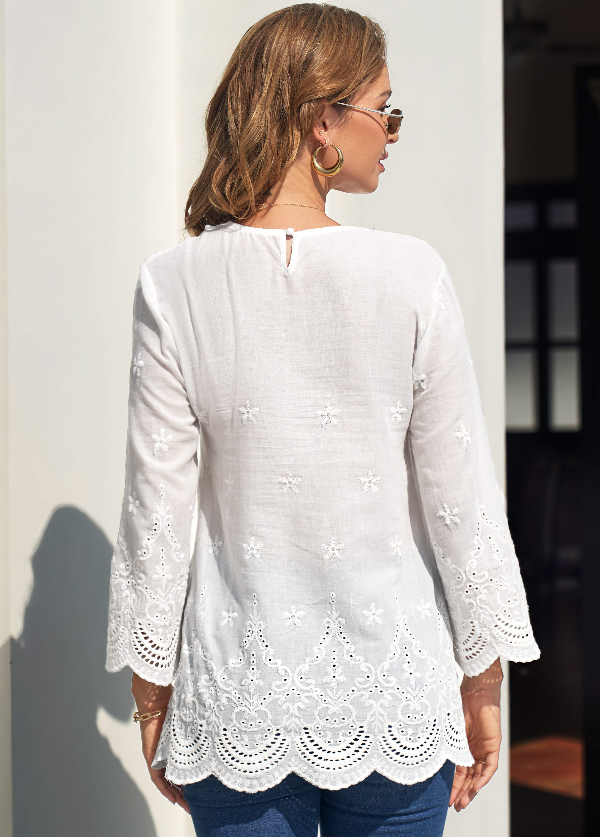 White tops,Plain Color tops,ROTITA Lace Stitching Split Neck White Hollow Embroidery Blouse