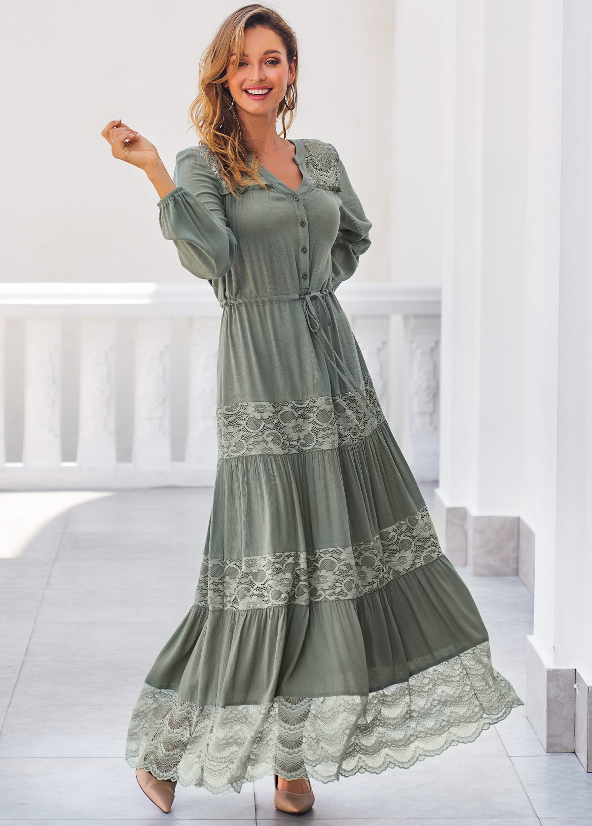 ROTITA Sage Green Drawstring Waist Lace Stitching Dress