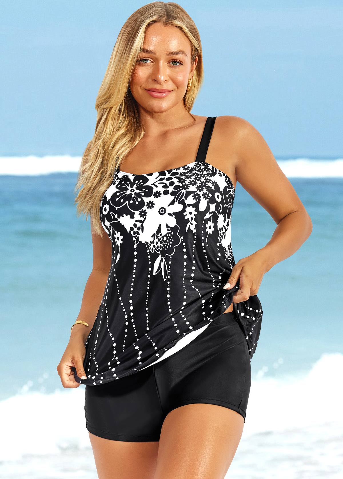 Black swimwear,Floral swimwear,ROTITA Floral Print Black Wide Strap Tankini Top