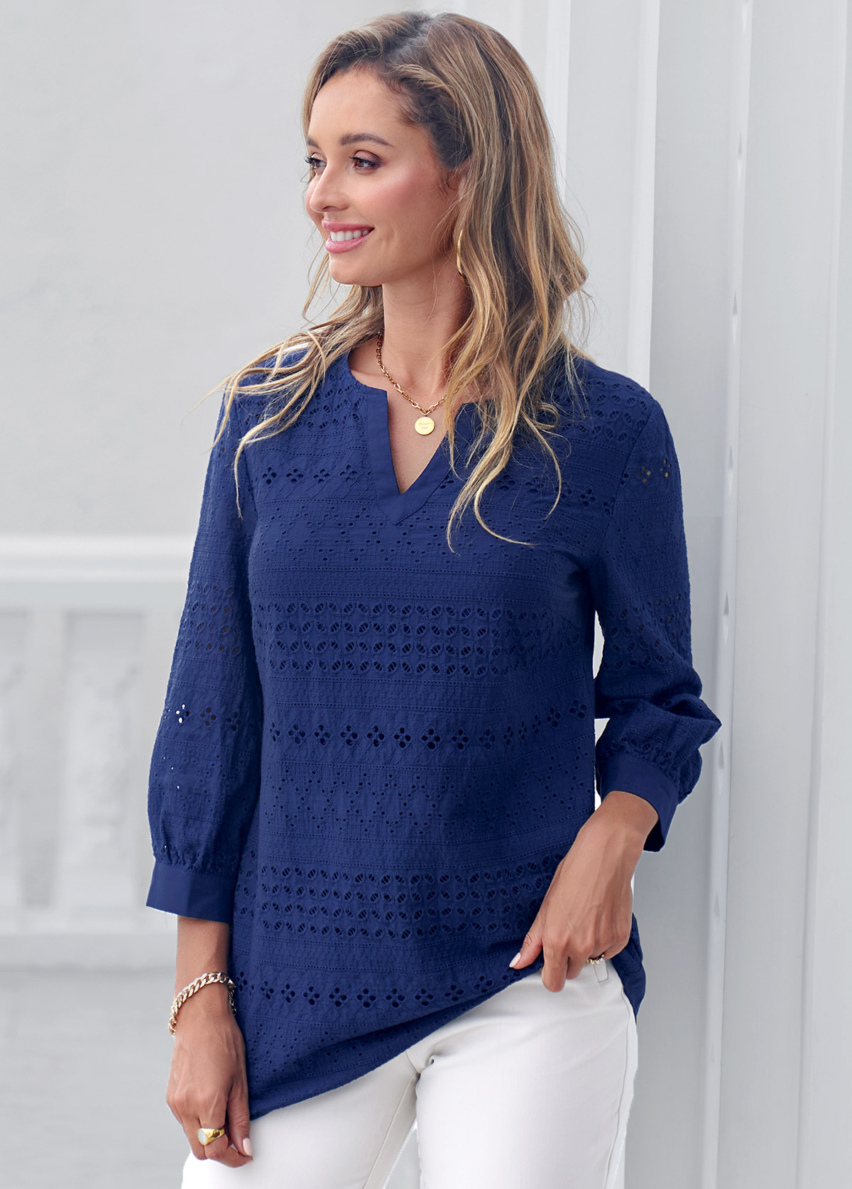 Navy tops,Plain Color tops,ROTITA Navy Blue Embroidered Split Neck Blouse