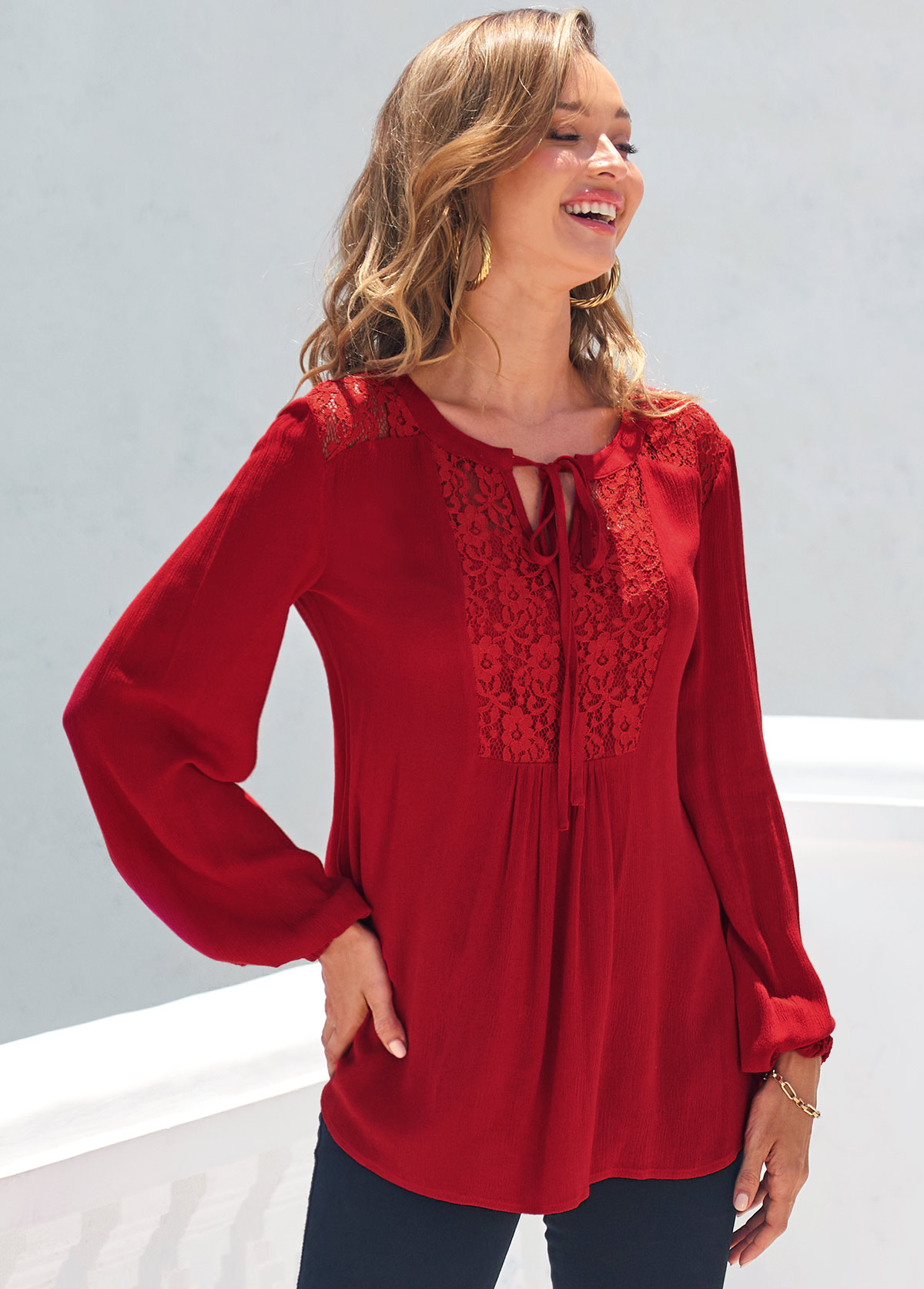 Red tops,Plain Color tops,ROTITA Red Lace Stitching Long Sleeve T Shirt