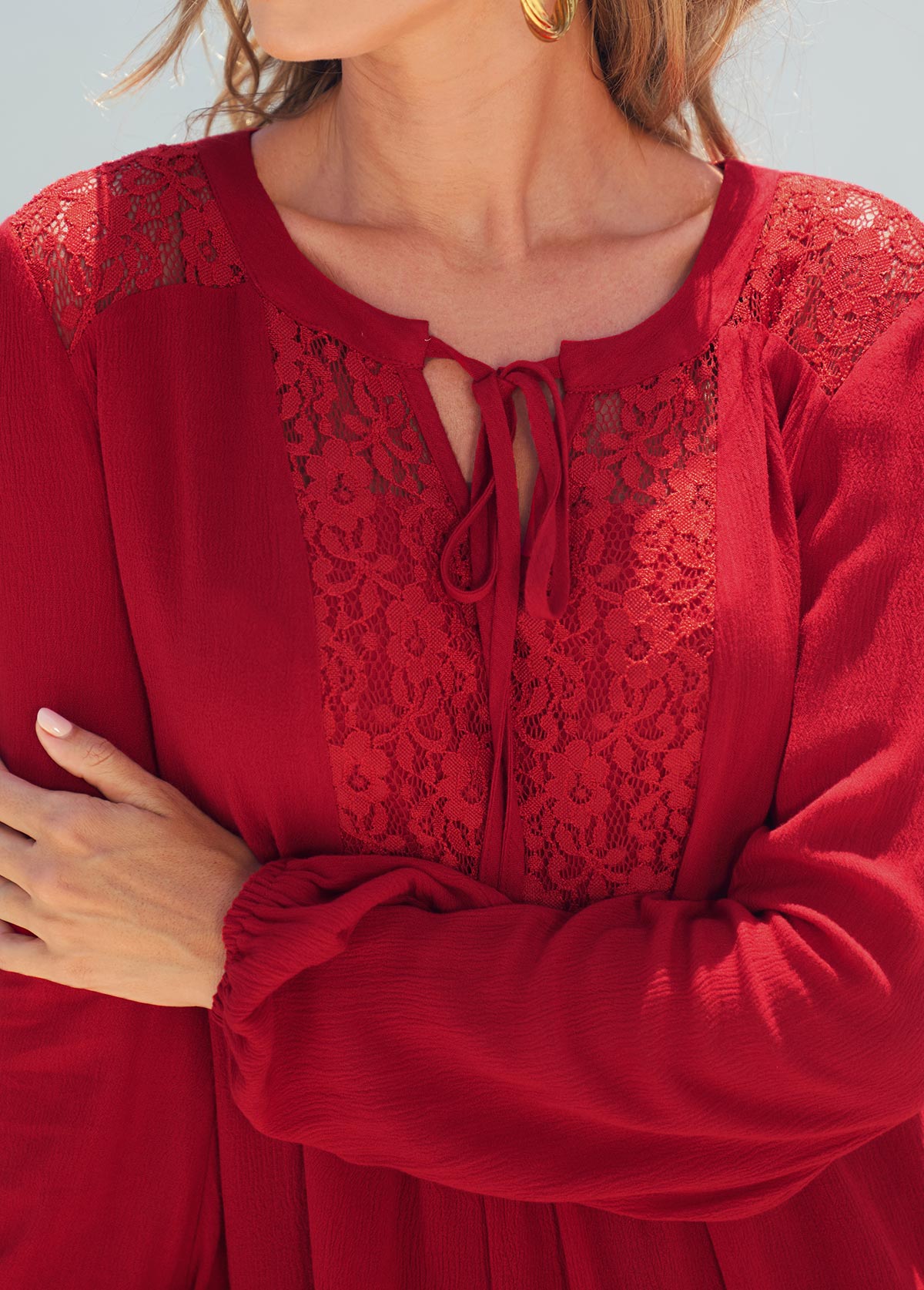 Red tops,Plain Color tops,ROTITA Red Lace Stitching Long Sleeve T Shirt