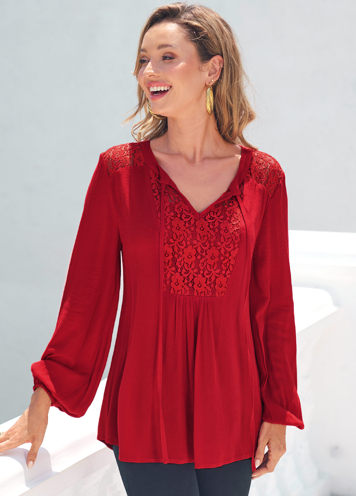 Red tops,Plain Color tops,ROTITA Red Lace Stitching Long Sleeve T Shirt