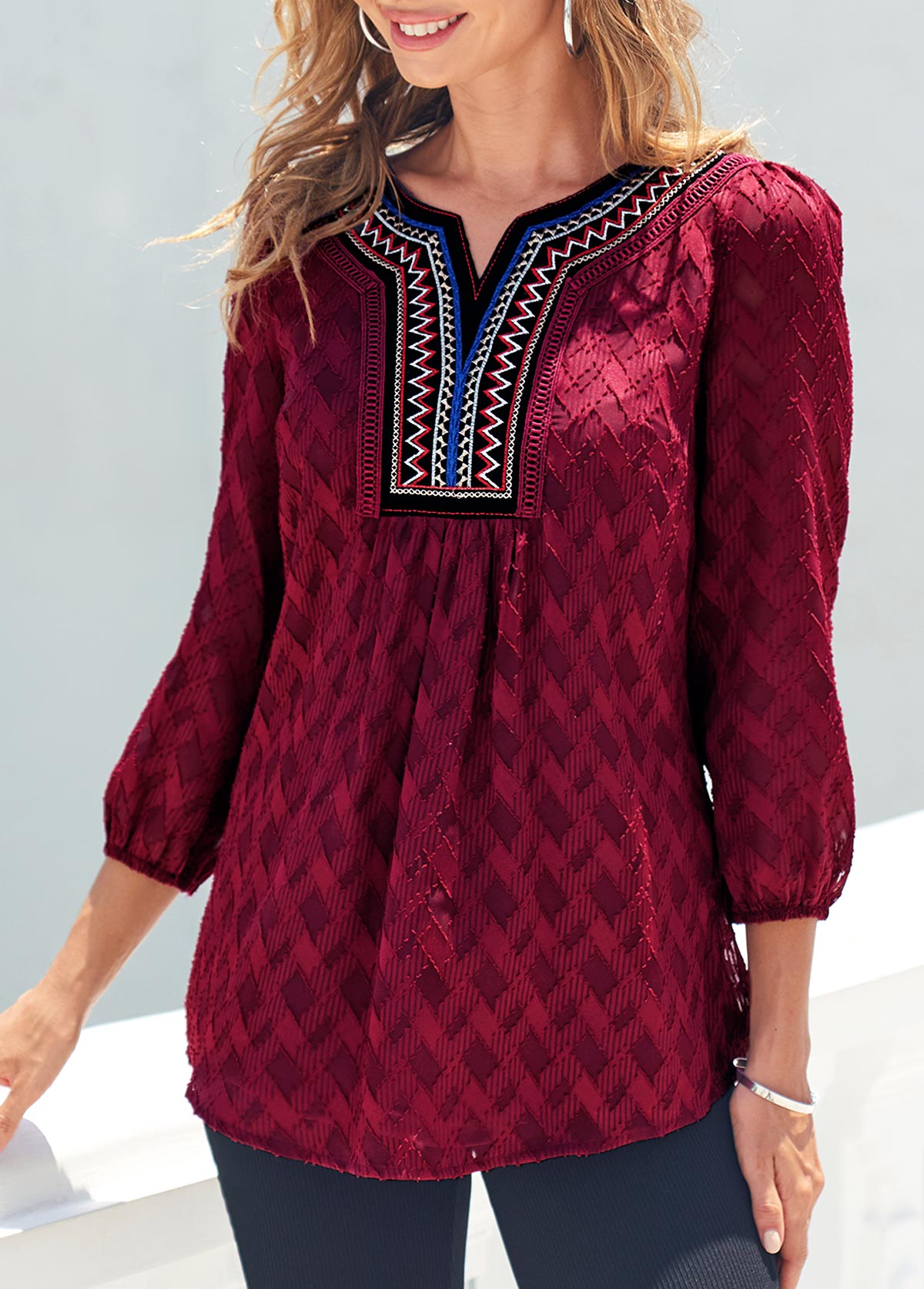 Wine Red tops,Floral tops,ROTITA Textured Fabric Wine Red Split Neck Blouse