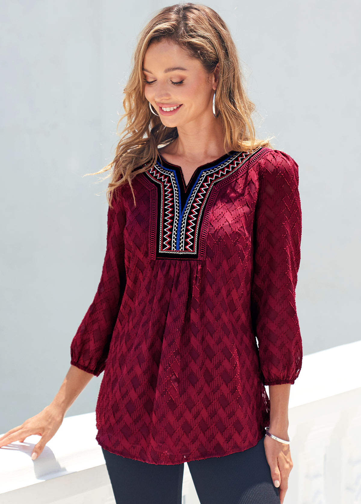 Wine Red tops,Floral tops,ROTITA Textured Fabric Wine Red Split Neck Blouse