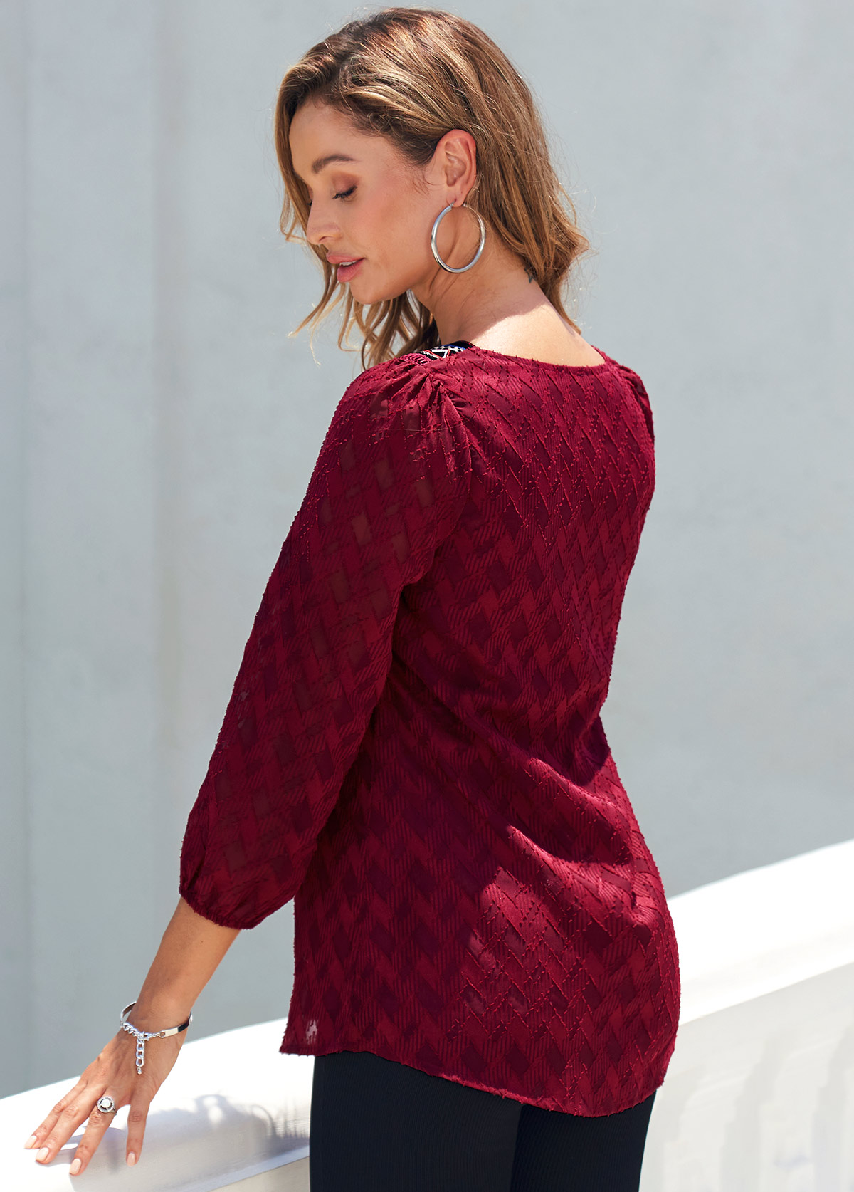 Wine Red tops,Floral tops,ROTITA Textured Fabric Wine Red Split Neck Blouse