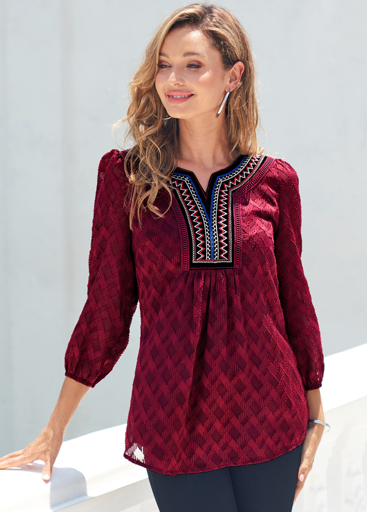 Wine Red tops,Floral tops,ROTITA Textured Fabric Wine Red Split Neck Blouse