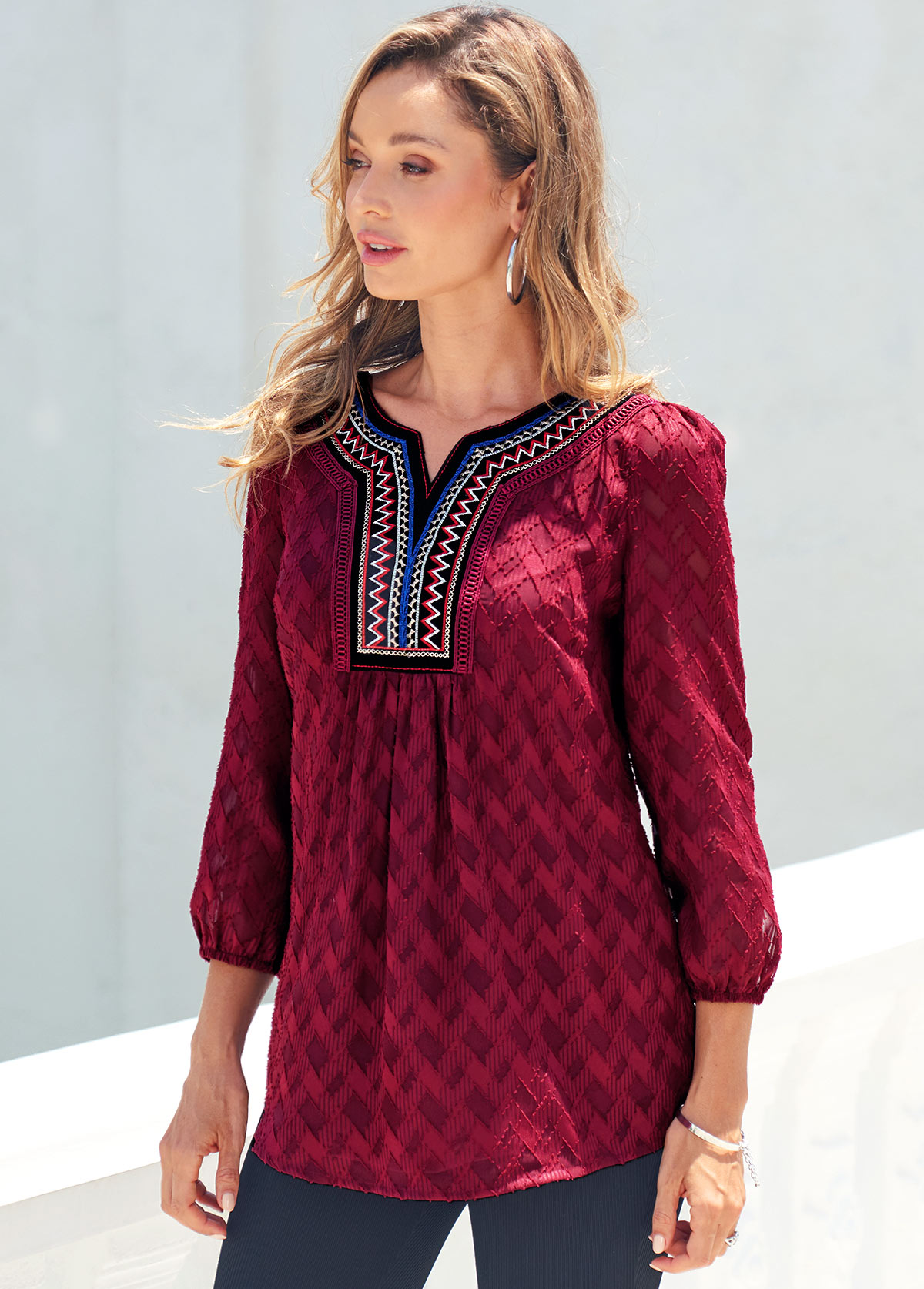 Wine Red tops,Floral tops,ROTITA Textured Fabric Wine Red Split Neck Blouse